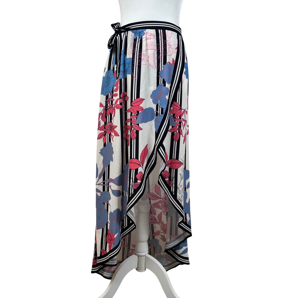 Flying Tomato Size L Floral Striped High‎ Low Wrap Skirt White Blue Pink (C743)